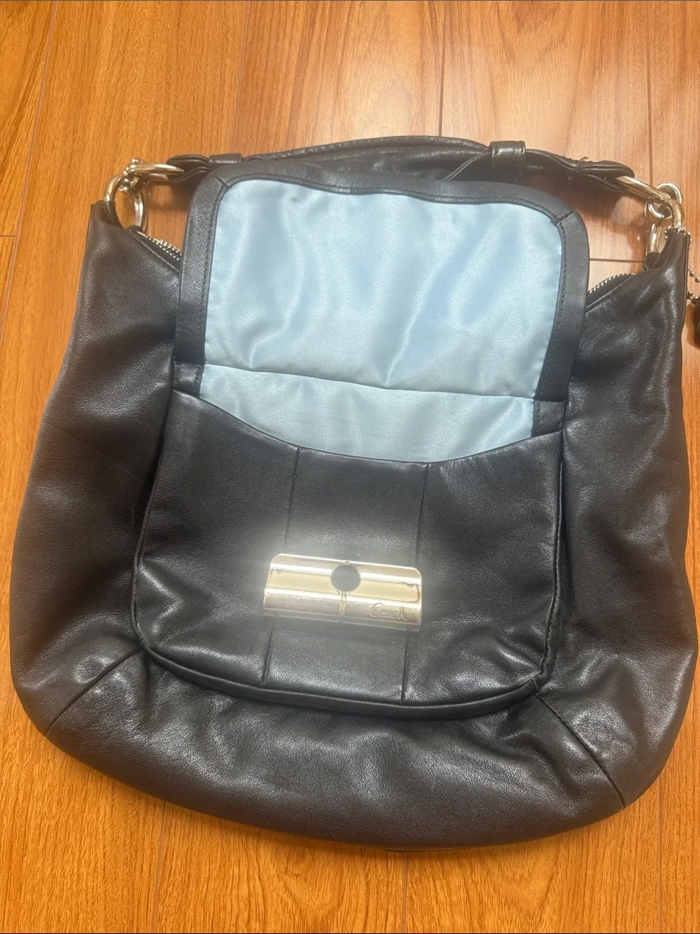 Coach Black Leather Hobo with Silver-Tone Accent